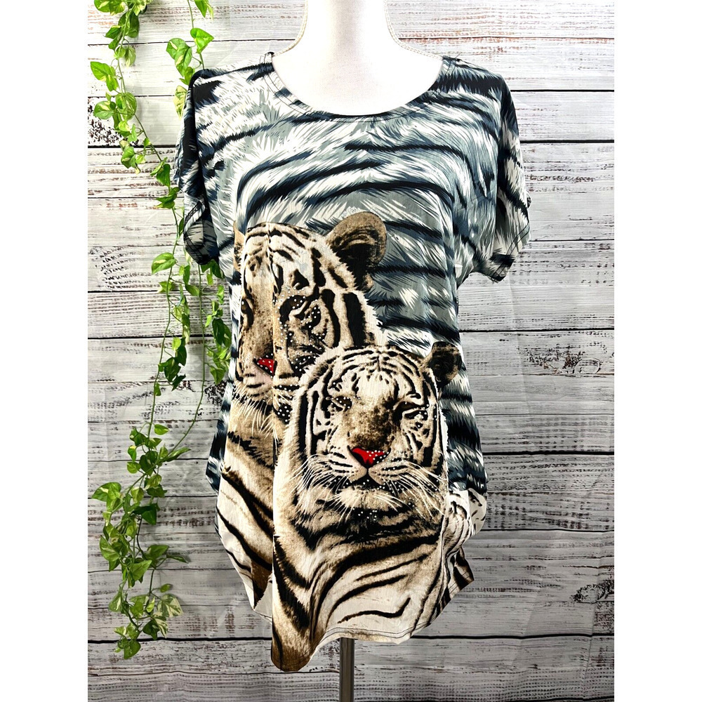 Tiger Mates Tunic Top Medium Large Brown Gray Silk Safari Africa Jungle Disney